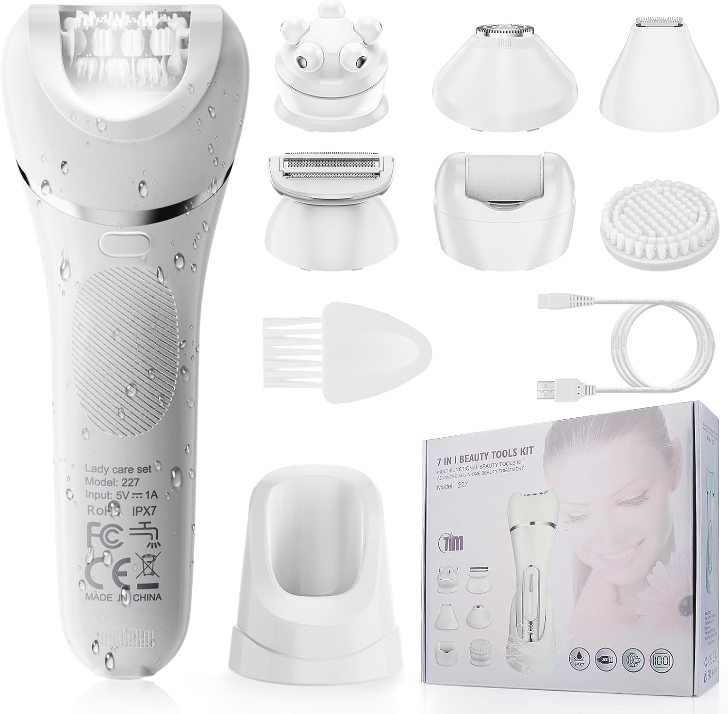 Epilator for Women, 7 in 1 Epilator Hair Removal for Women, Shaver, Bikini, Face Razor, Facial Brush, Face Massage and Body Exfoliator, Waterproof Painless Lady Shaver (White 227)