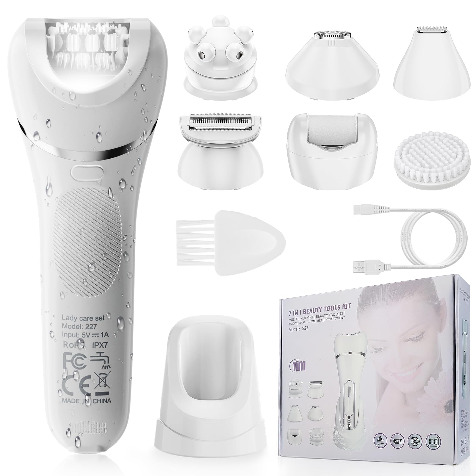 Hair Epilator for Women, Electric Razor, Facial Epilator, Bikini Trimmer, 7 in 1 Body Shaver for Face Lip Chin Pubic Underarm Legs, IPX7 Waterproof, Gifts for Women