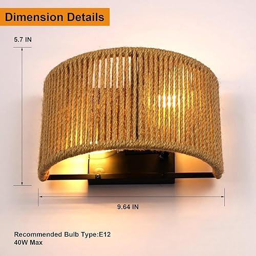 Miniatura 4 de Apliques de pared rústicos con apliques de cuerda de cáñamo, apliques de pared de granja, apliques de pared de ratán, luz de baño, lámpara de pared