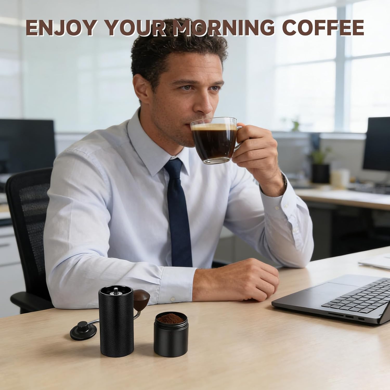 Manual Coffee Grinder, Stainless-Steel Burr Hand Crank, Adjustable Grind for Espresso, Pour Over, French Press, Quiet Portable Travel Coffee Bean Grinder, Easy Clean (Black)