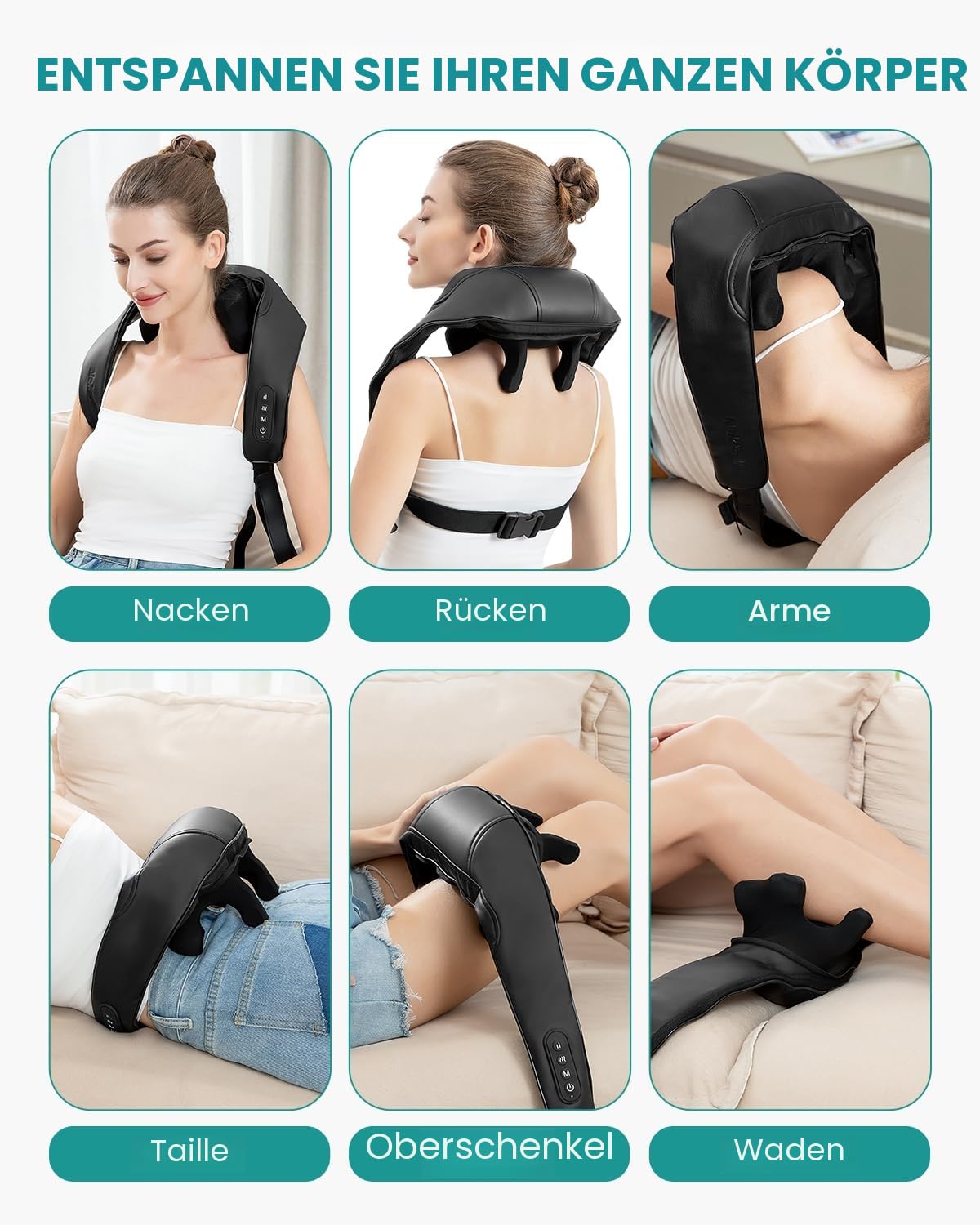 Nekteck Nackenmassagegeräte kabellos, Schultermassagegerät mit Wärme, 6D Tiefengewebe Shiatsu Elektrische Rückenmassagegeräte für Muskelschmerzen für Zuhause, Büro und Auto, Schwarz