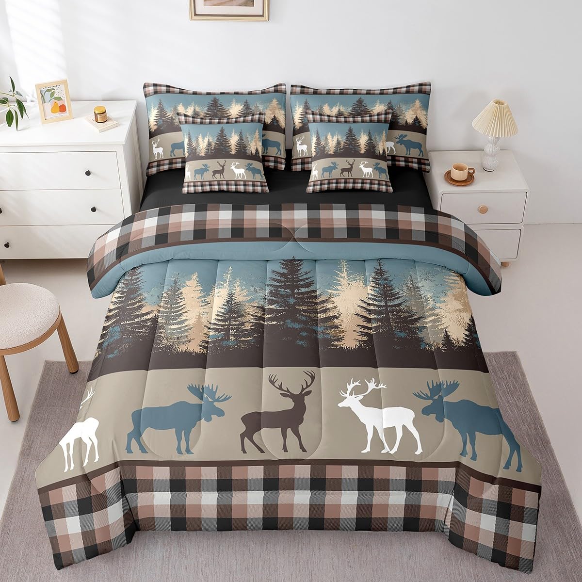 Erosebridal Retro Cabin Queen Comforter Set with Sheets, Checkered Plaid 7 Piece Bedding Set Woodland Animals Wildlife Deer Pine Trees Bed in a Bag, Country Farmhouse Moose Rustic Bed Sets