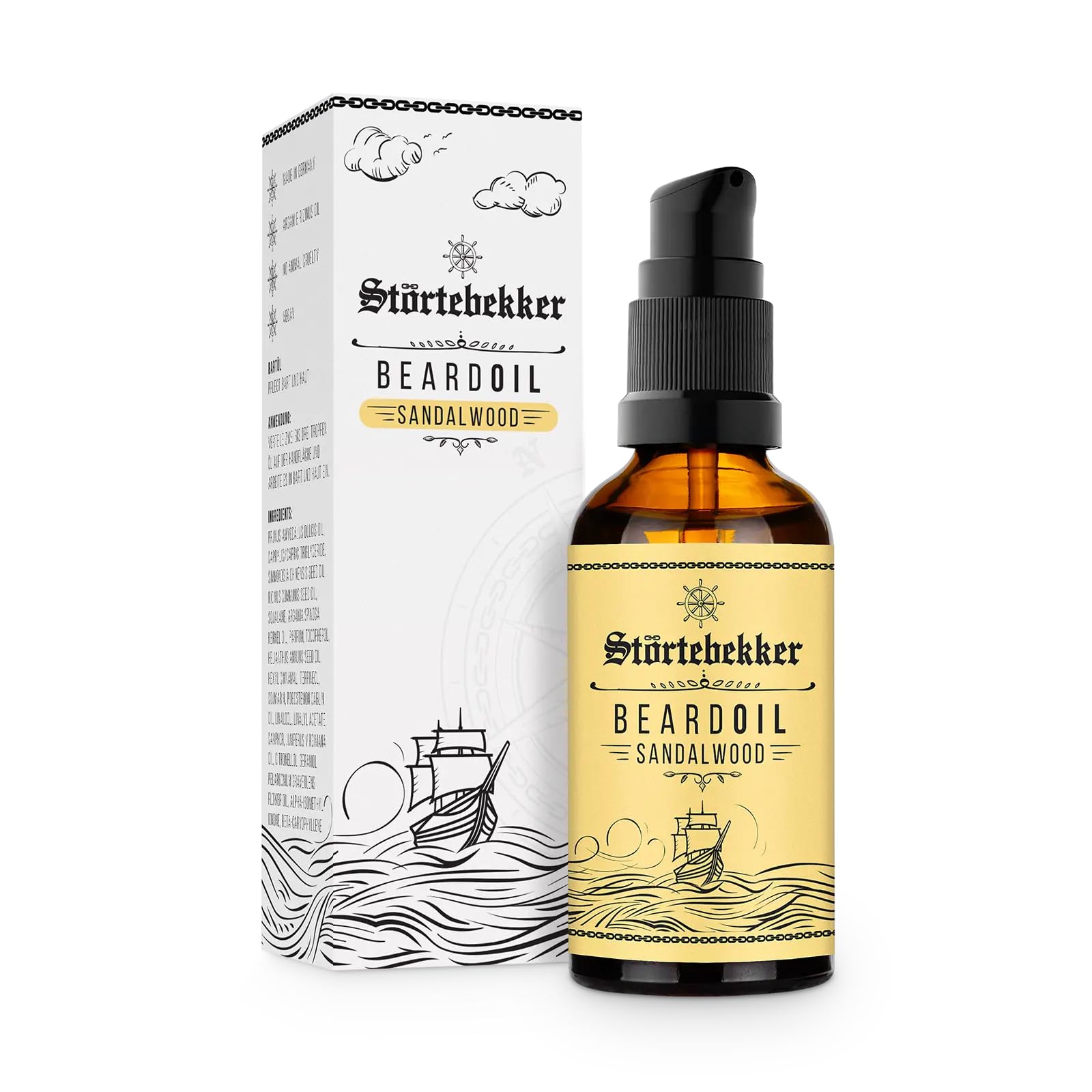 Störtebekker® Premium - Aceite para barba, cuidado diario para barba de 3 días hasta barba completa, 50 ml de aceite vegano, con agradable aroma, ingredientes naturales, Made in GER (Sándalo)