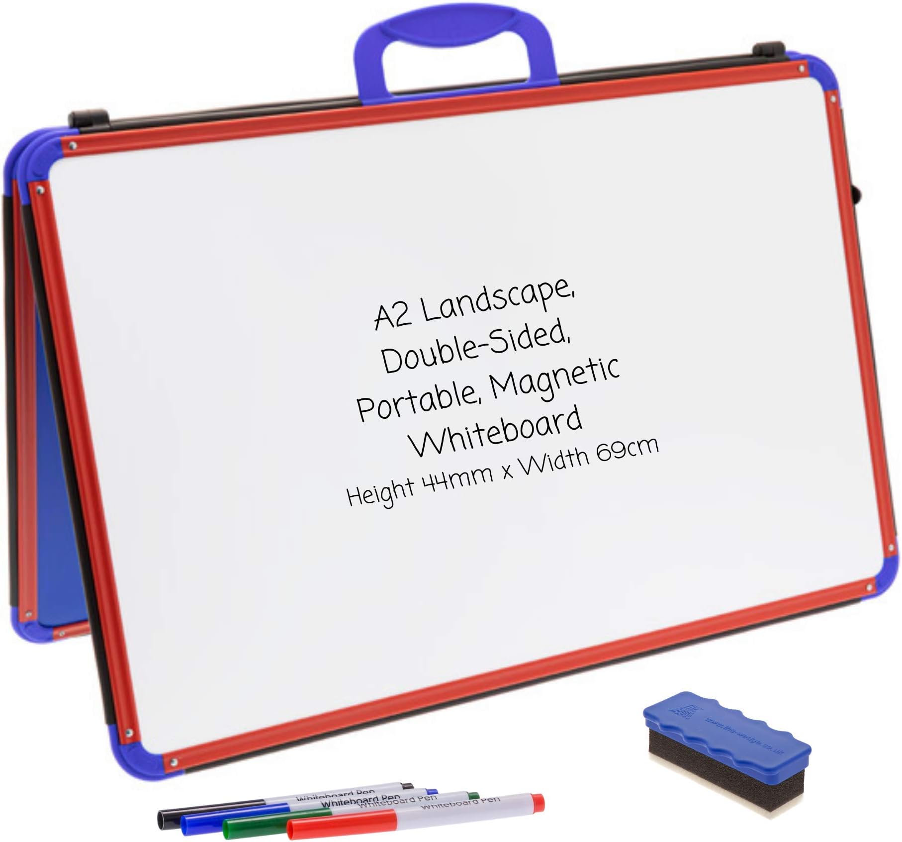 Double-Sided Magnetic Dry-Erase Portable Desktop Whiteboard โ A2 Landscape Size, Foldable with Carry Handle, Perfect for KS1&2, SEN Teaching, Home Education & Tutoring - Red/Blue