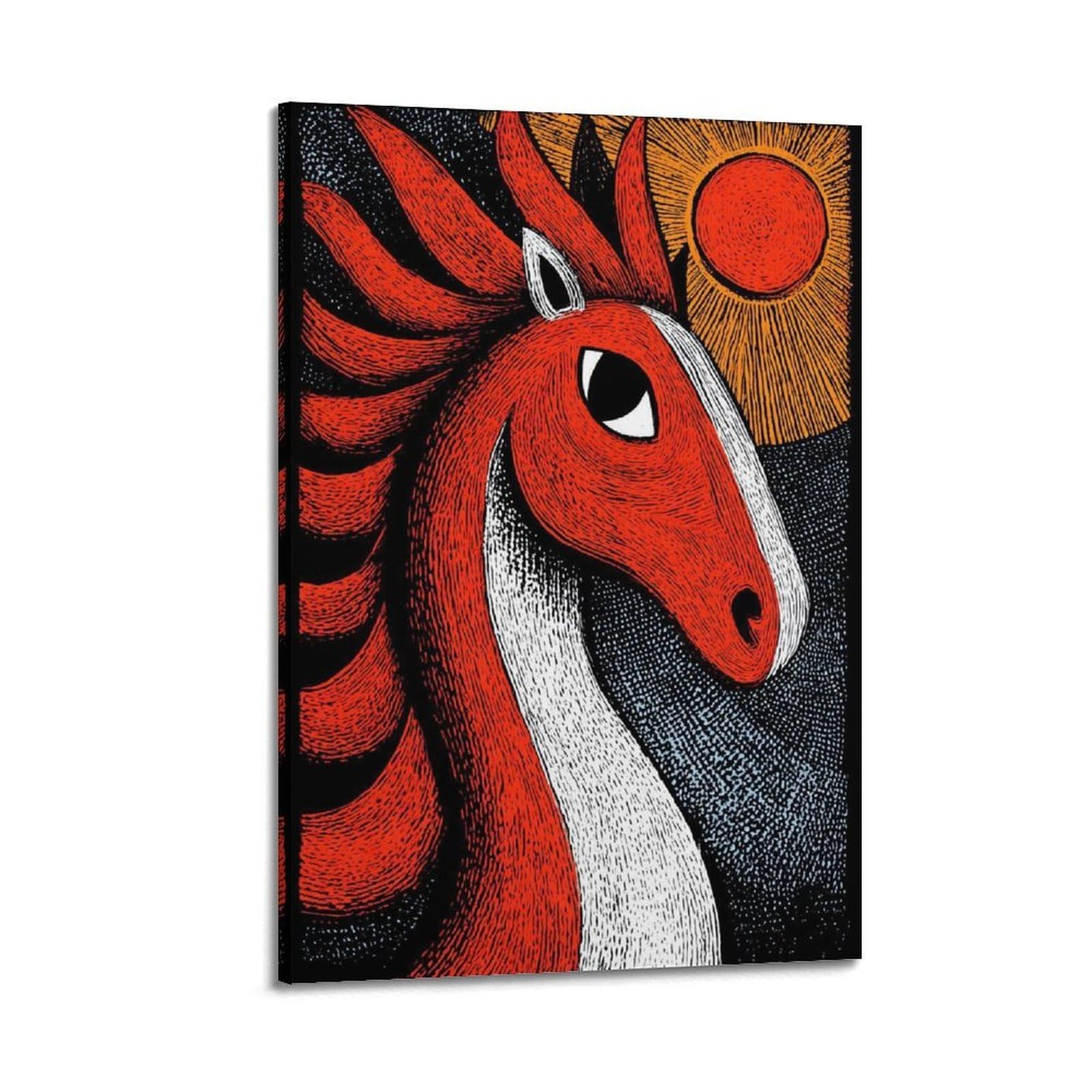 Xkuga Boys Frame-Style Animal Poster Red Equine Folk Portrait Sun Geometric Modern Decorative Canvas Prints - Ideal Wall Art For Family, Man Cave, Game Room, & Girls Bedroom 20X30inch(50X75cm)