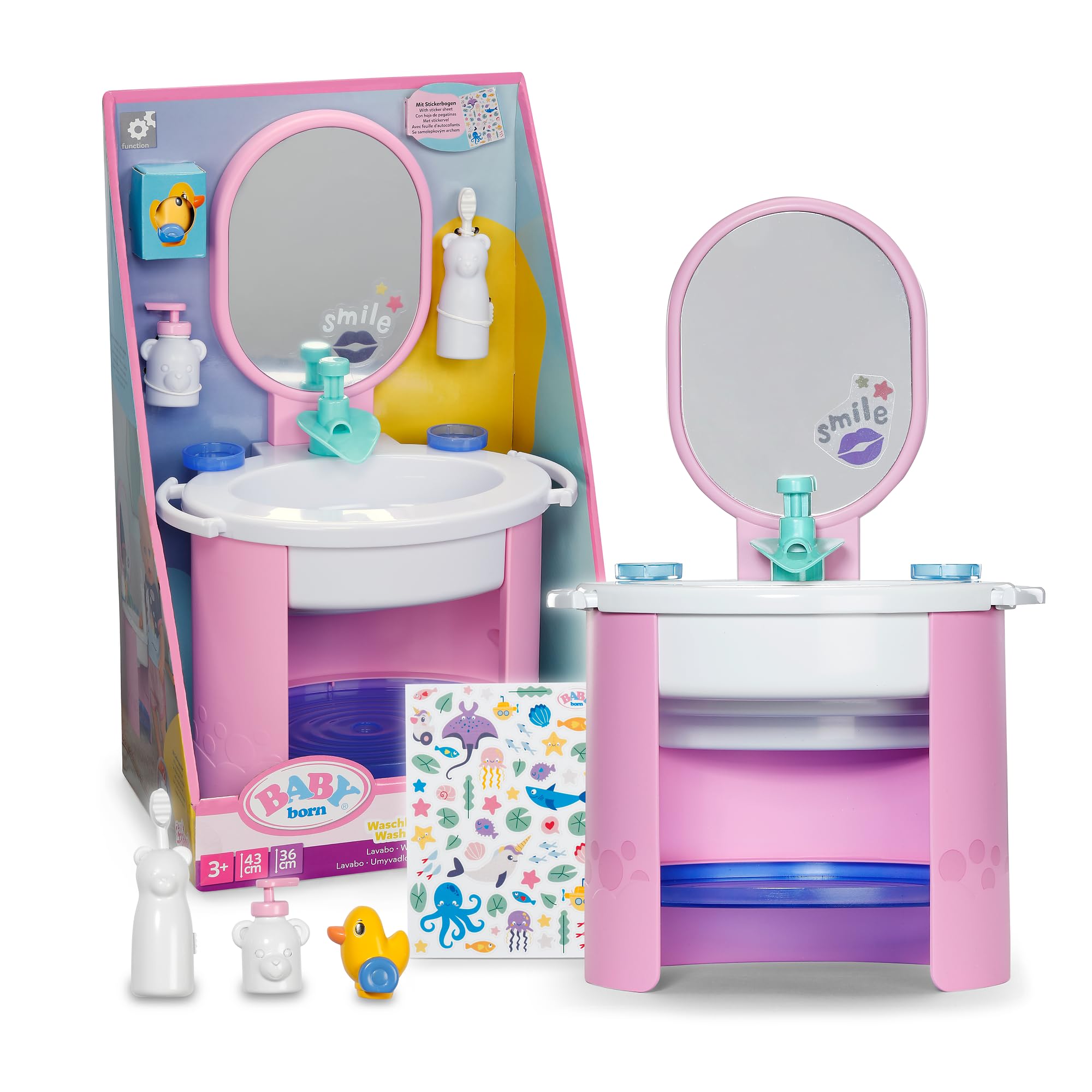 BABY born Waschbecken - Puppenwaschtisch inkl. Zahnbürste & Seifenspender - Mit echtem Wasser - Benötigt keine Batterien - Hochwertiges Puppenzubehör für Puppen der Größe 36 cm & 43 cm