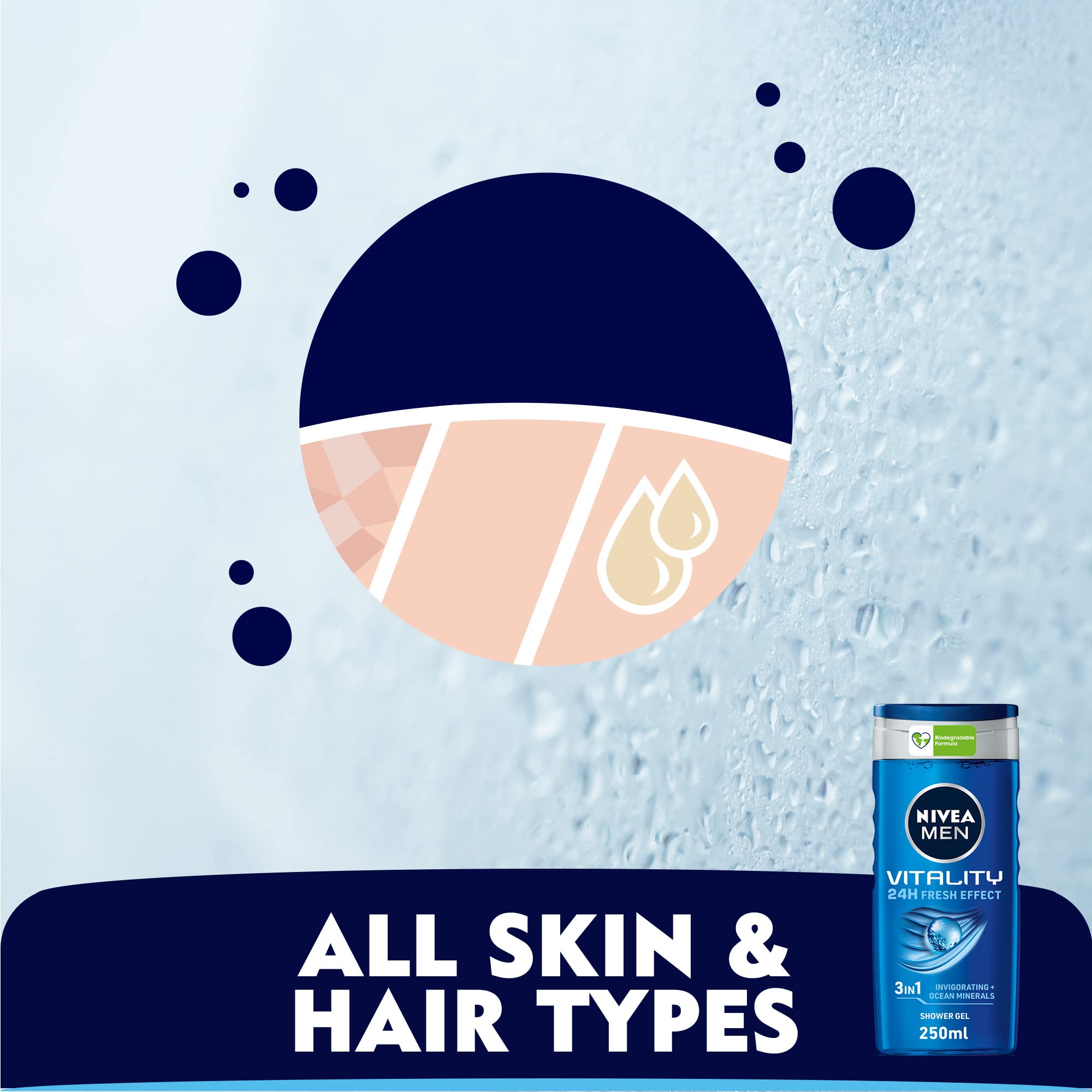 NIVEA MEN Vitality Fresh Shower Gel 250ml – Revitalising Body Wash & Shampoo for Men with an Uplifting Fresh Scent, Rich Lather Cleans Body and Hair for a Fresh, Revived Feel Every Day