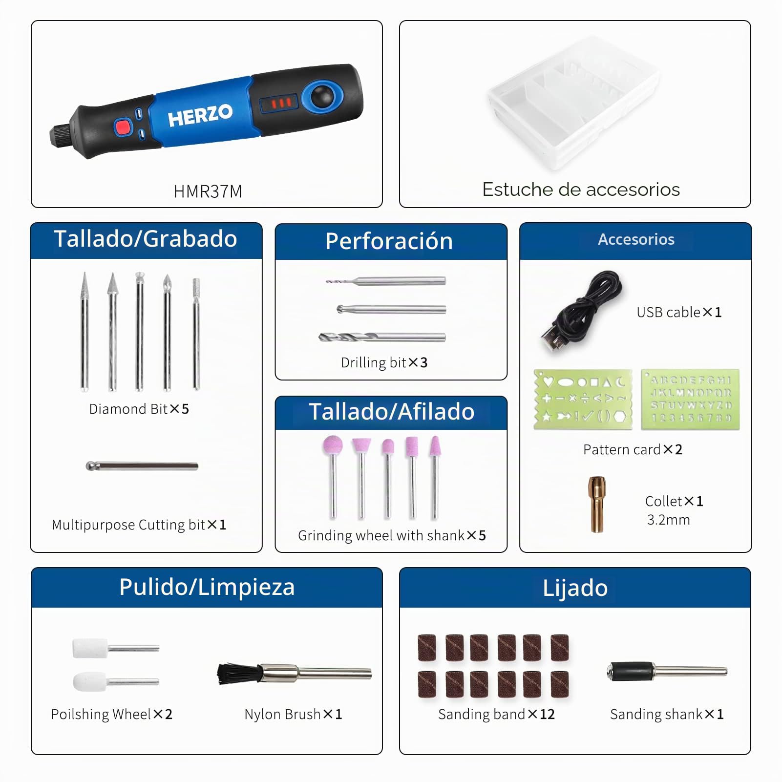 HERZO Mini Amoladora， 3.7V Amoladora Electronica DC y USB recargable con y 32 pcs Accesorios 3 velocidad variable para los DIY trabajos de Pulido Abrasivo y Corte