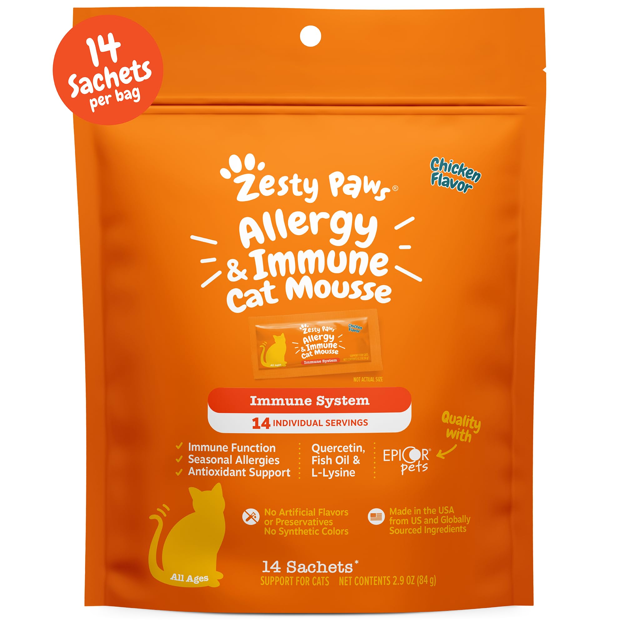 Zesty Paws Allergy & Immune Mousse - Cat Vitamins & Supplements Treats - Allergy Relief for Cats L-Lysine Squeeze up for Immunity, Skin Health & Antioxidant Support - Chicken 3ct