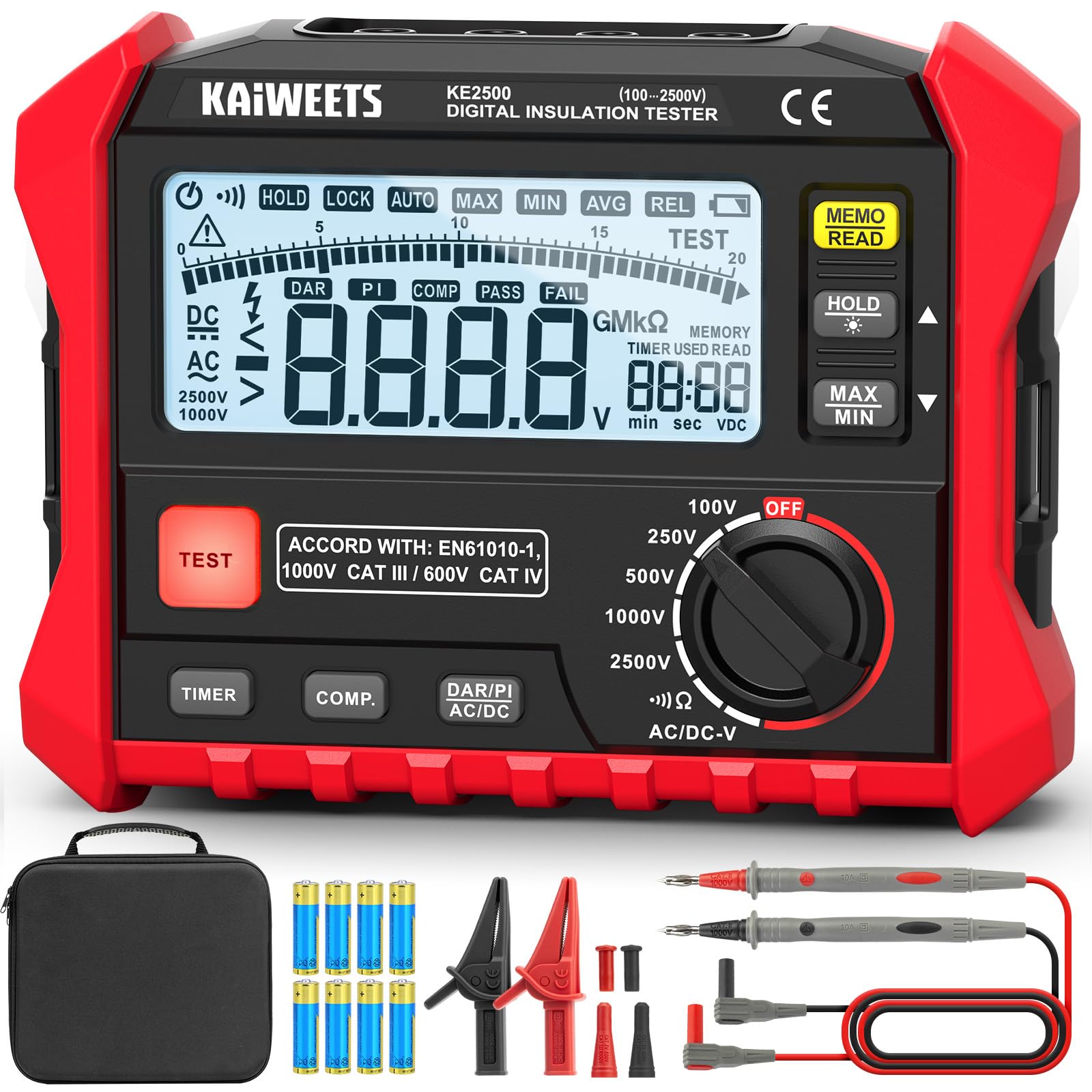 KAIWEETS Isolationswiderstandsmessgerät, bis zu 200 GΩ, Profi-Megohmmeter, 100 V/250 V/500 V/1000 V/2500 V, One-Touch-DAR/PI, misst Widerstand, Wechsel-/Gleichspannung für HLK, Motoren, Solar,