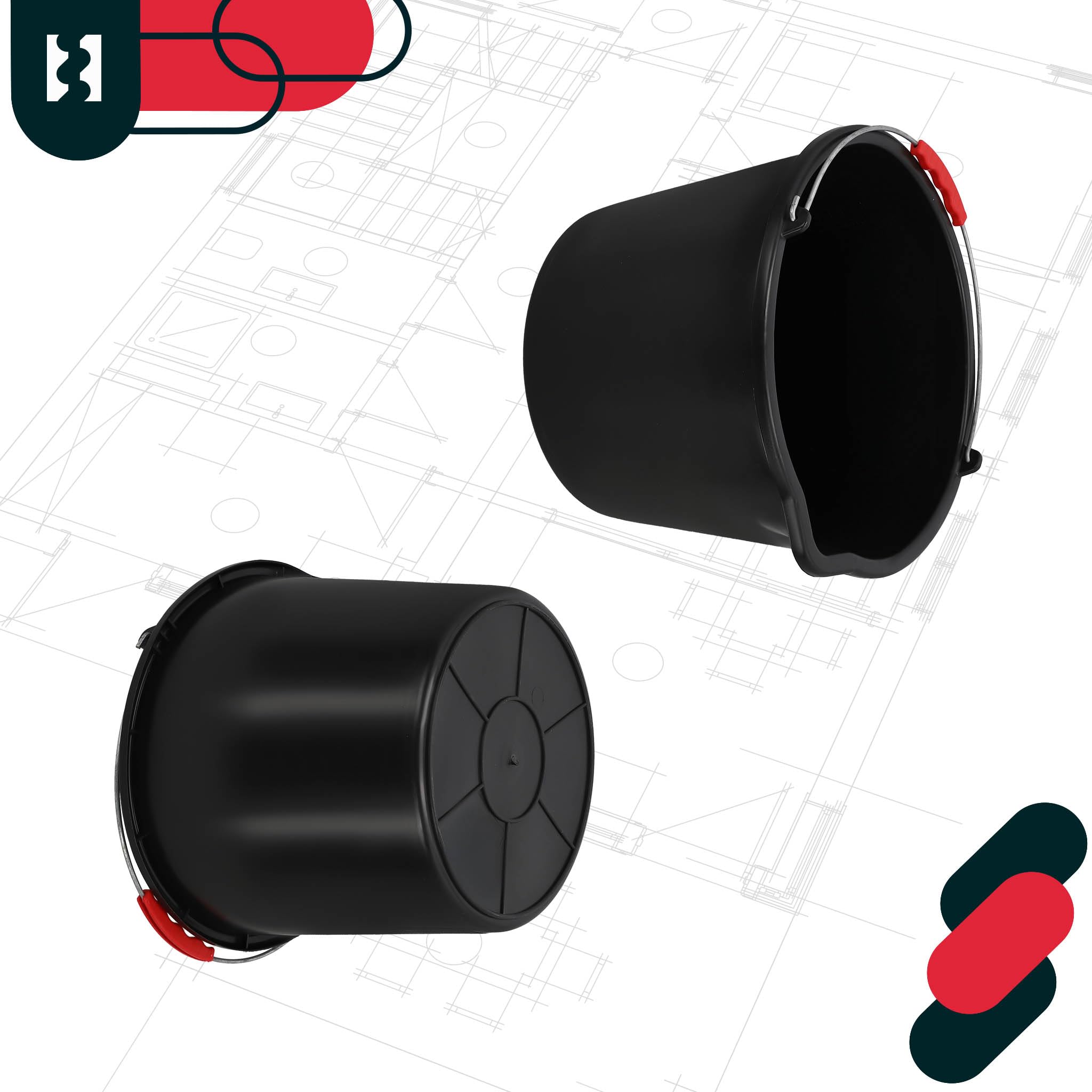 KOTARBAU® Seau de Maçon, Seau de Construction 16 L, Plastique | Lot de 3, Seau de Chantier, Seau à Mortier, Noir, avec Bec Verseur et Anse, Rond