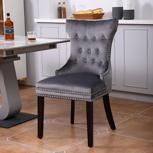 Miniatura 3 de Juego de 2 sillas de comedor grises lujosas y modernas sillas de comedor tapizadas de terciopelo con patas de madera, gancho de metal, lujoso botón