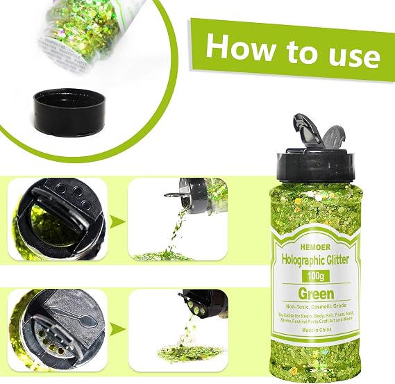 100g Gold Glitter+ 100g Green Glitter, Holographic Chunky Glitter Mixed Fine Glitter