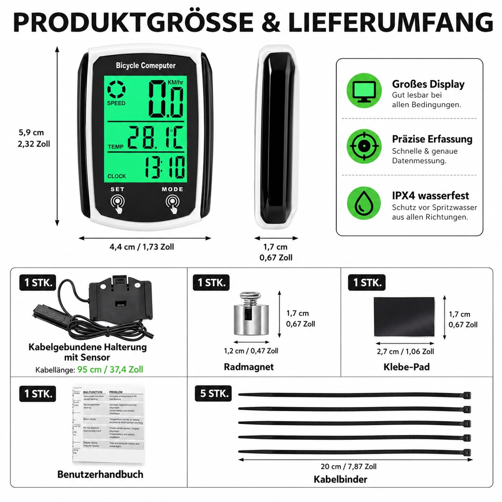 Fahrradcomputer Fahrrad Tacho 19 Funktionen Multifunktion IP54 Wasserdicht LCD Display Kilometerzähler Fahrrad Backlight mit Kabel Automatisches Aufwachen StartStop Hintergrundbeleuchtung für MTB Road