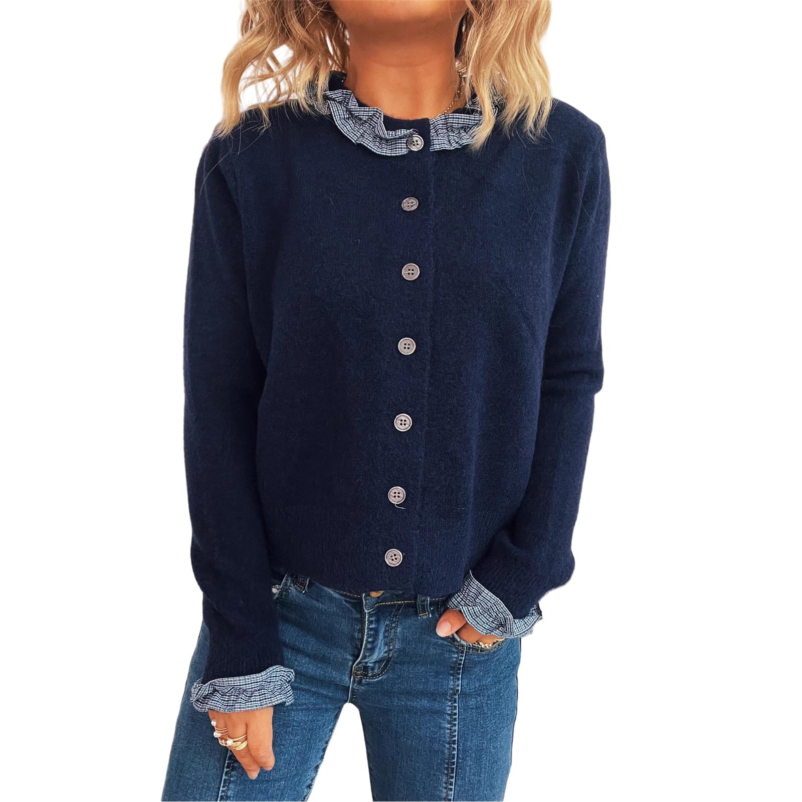 Cardigan Sweaters for Women Fall Long Sleeve Button Up Fine Ribbed Knit Lace Stitching Slim Winter Coats