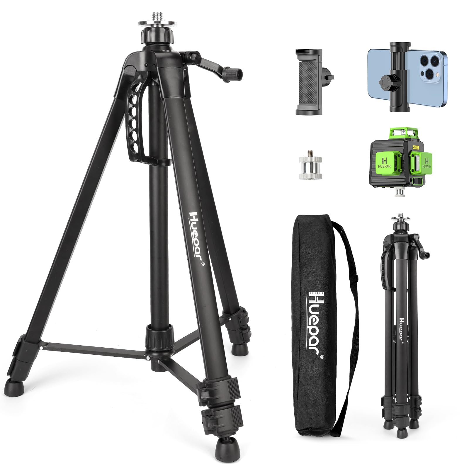 Huepar Treppiede in Alluminio per Livelli Laser a Punto–Testa Piatta, Impugnatura con Livella a Bolla, Filetto 5/8"-11 + Adattatore 1/4"-20, Supporto per phone Incluso, Borsa da Trasporto – TPD16A1