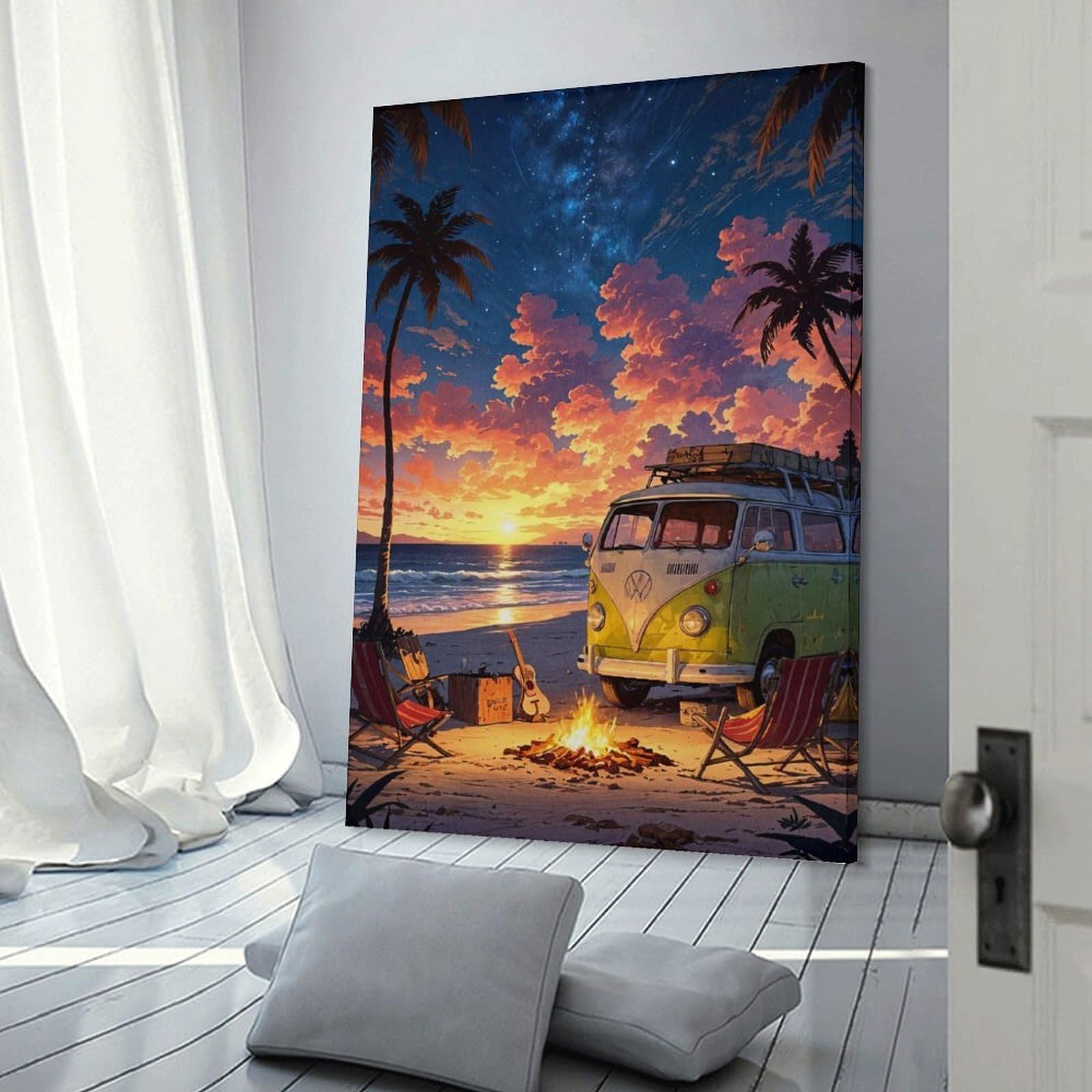 Junmoney Frame-Style-8 Canvas Wall Art Beach Sunset Van Scene, 20X30inch(50X75cm), For Lounge, Study, Hallway Or Flat Walls, Canvas Wall Art That Fits Changing Layouts