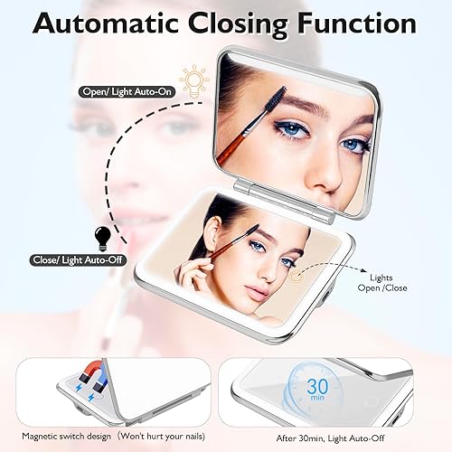 Miniatura 5 de Omobolanle Espejo de maquillaje de viaje con luces, espejo de escritorio con luz, espejo de aumento 5X con soporte, luces de apagado automático,