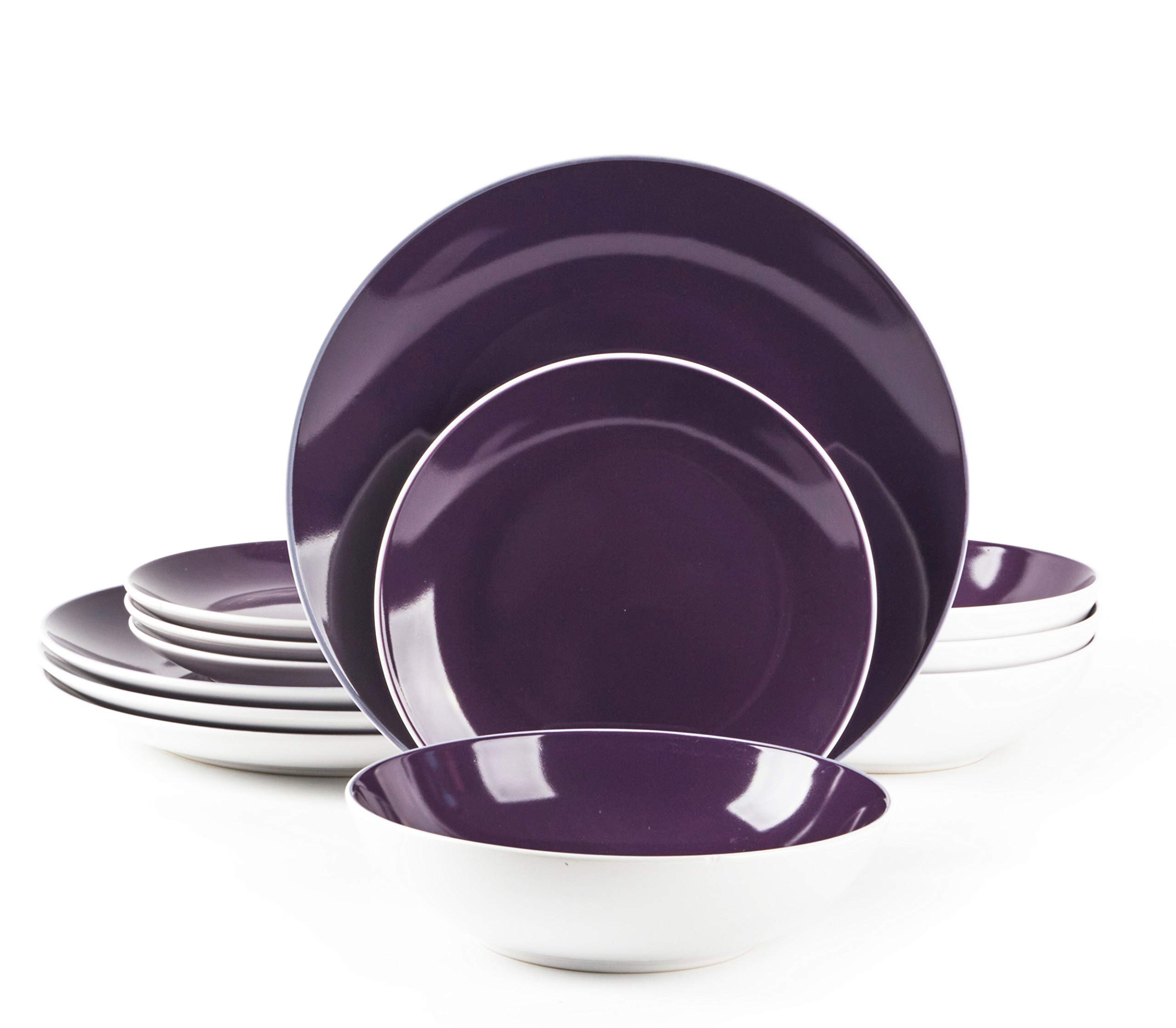 HomeVss, Stoneware Coupe Shape 12pc Dinnerware Set, Outside White + Inside Violet