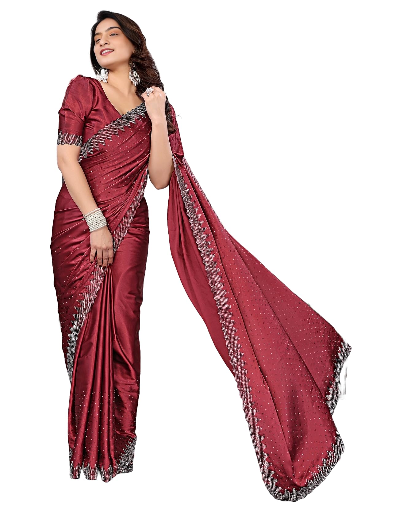 yashika Women's Hot Fix Work and Solid Color Satin Moss Saree With Unstitched Blouse Material-picture-5