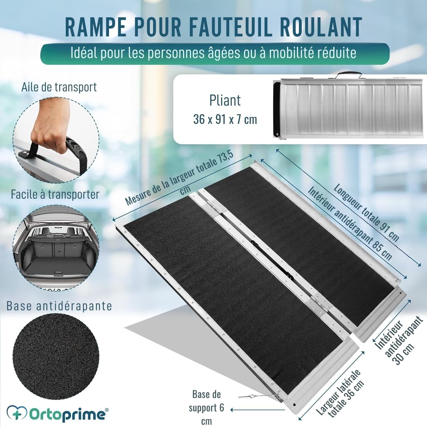 OrtoPrime Rampe Fauteuil Roulant Pliable et Portable Rampe PMR Antidérapante Charge Jusqu’à 270 kg