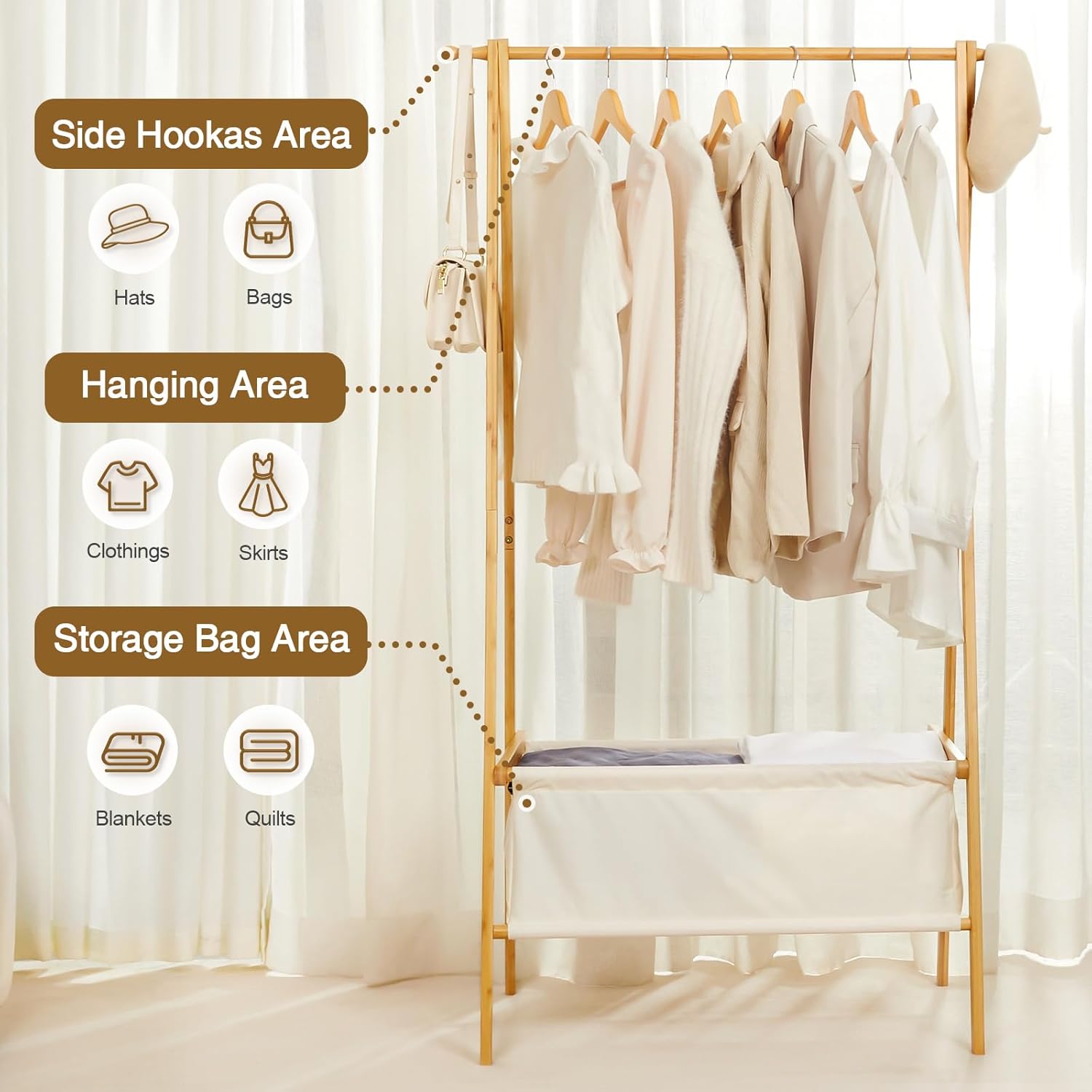 Bamboo Clothes Rack with Storage Box, Garment Holder Clothing Stand for Hanging Coat, Foldable Wardrobe Organizer for Entryway and Bed Room (Natural)