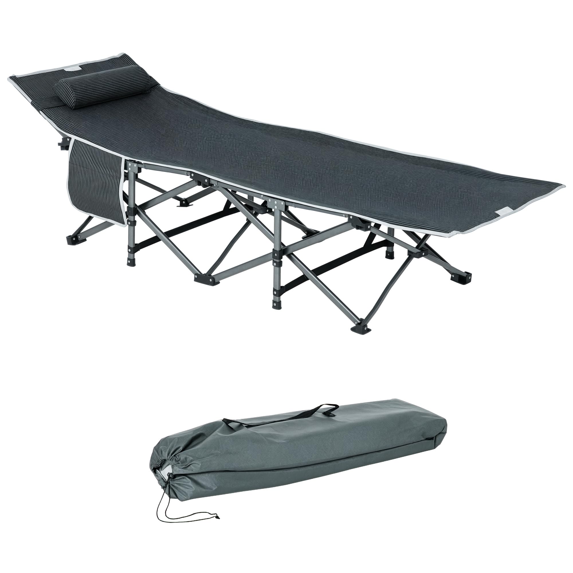 Outsunny Lettino Pieghevole con Tasca Portaoggetti e Borsa da Trasporto, Brandina da Campeggio Imbottita e Rialzata, 188x64.5x53 cm, Grigio