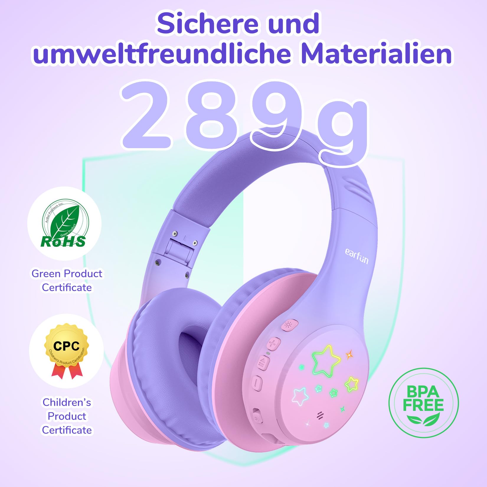 EarFun Bluetooth Kopfhörer Kinder, 5 LED-Beleuchtungsmodi, 74/85/94 dBA Lautstärkebegrenzung, 90 Std Akku, Hi-Fi Klang, HD-Mikrofon, Bluetooth 5.4, Faltbare, Kopfhörer Kabellos Kinder für Schule/Reise