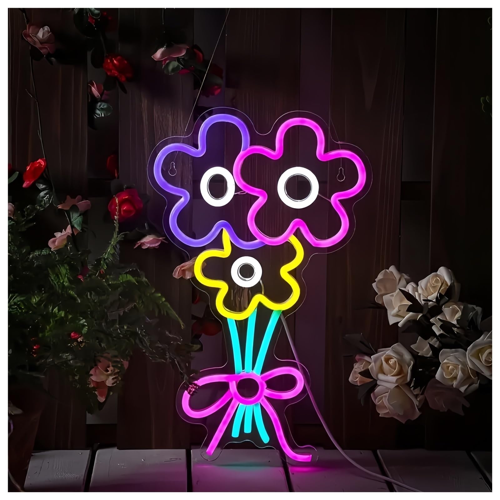 Zynther Neon lamp Dimmable Flower Bouquet Neon Light Romantic Floral Decor for Bedroom Wedding Party(43x27cm)