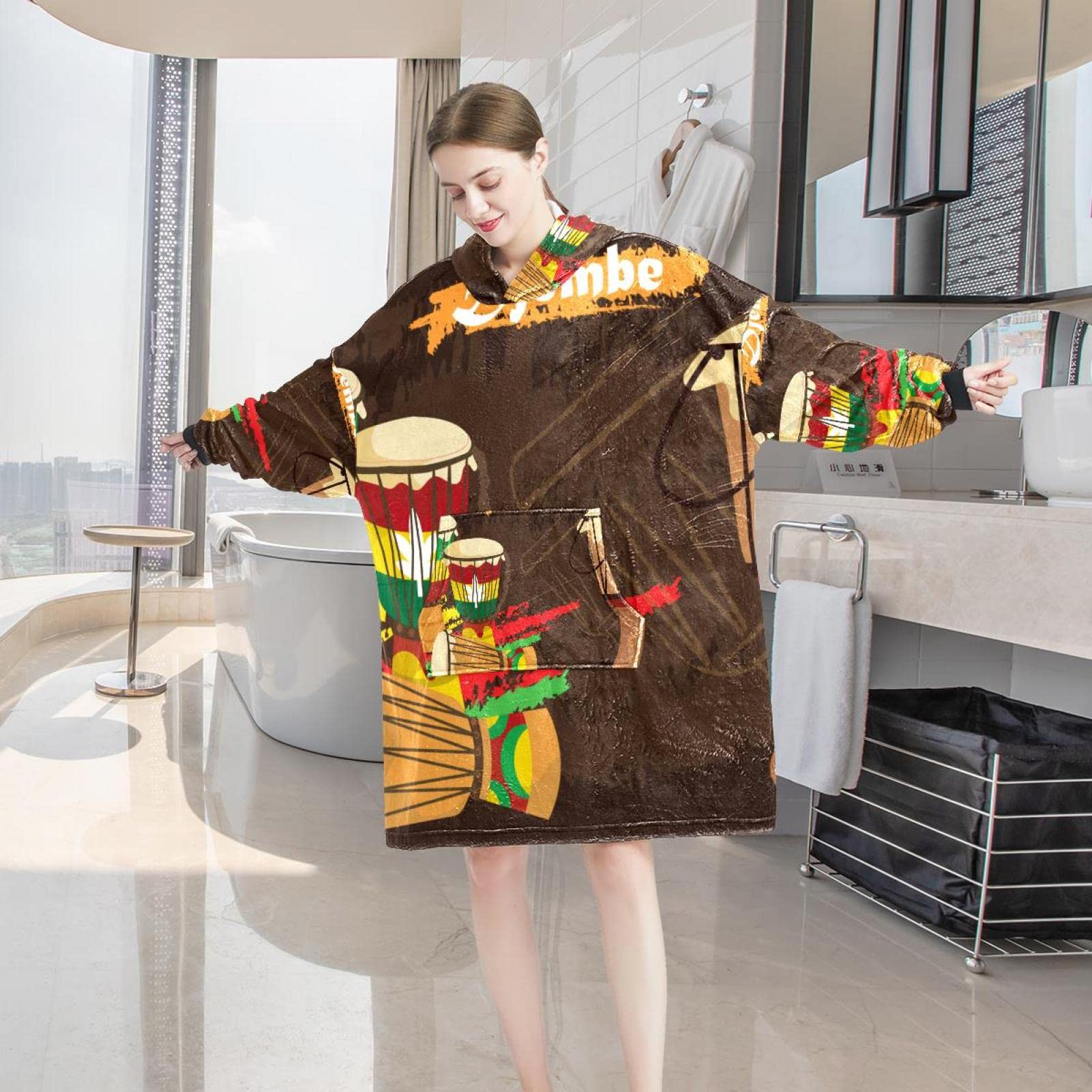 Bluza z kapturem, afrykańska perkusja kolorowa muzyka Djembe Music, oversize bluza z kapturem, wielobarwny, rozmiar uniwersalny