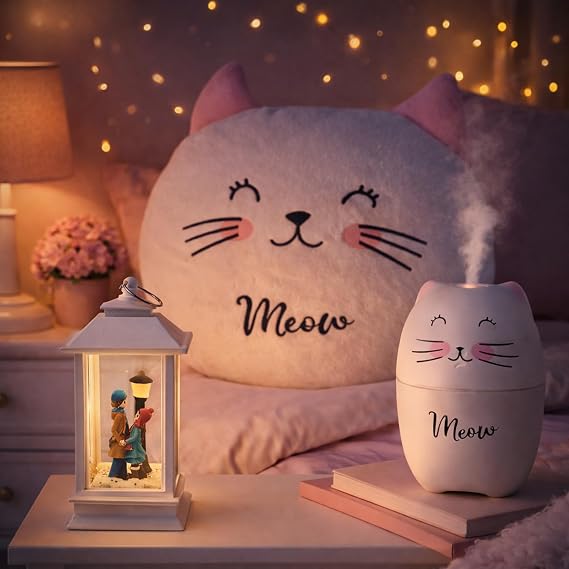 Kedi Temalı Dekoratif Tasarıma Sahip Hediye Seti – Peluş Kedi Yastık + Buhar Makinesi Nemlendirici + Sevgili Figürlü Kar Küresi | Dekoratif Hediye Seti