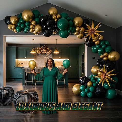 Miniatura 6 de Kit de arco de guirnalda de globos de año nuevo verde esmeralda y dorado negro de lujo, doble relleno, verde azulado oscuro con globos en explosión