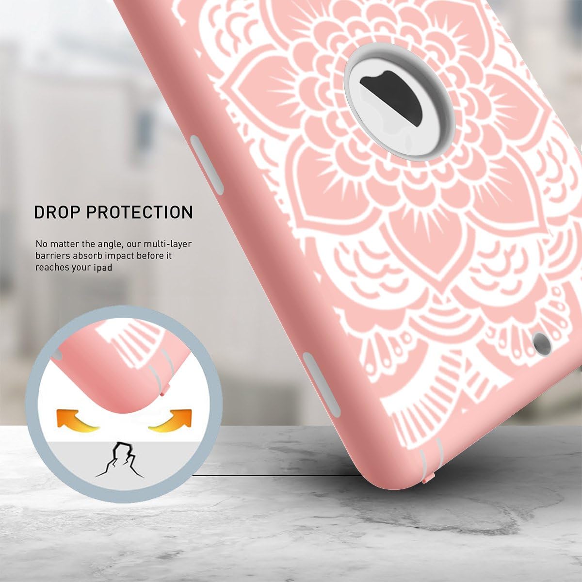 iPad case 9.7 2017 and 2018,PIXIU Heavy Duty Shockproof Full Body 3 Layer Defender Rubber Protective case Cover for iPad 5th Generation A1822 A1823 andiPad 6th A1893 A1954 FlowerRose Gold