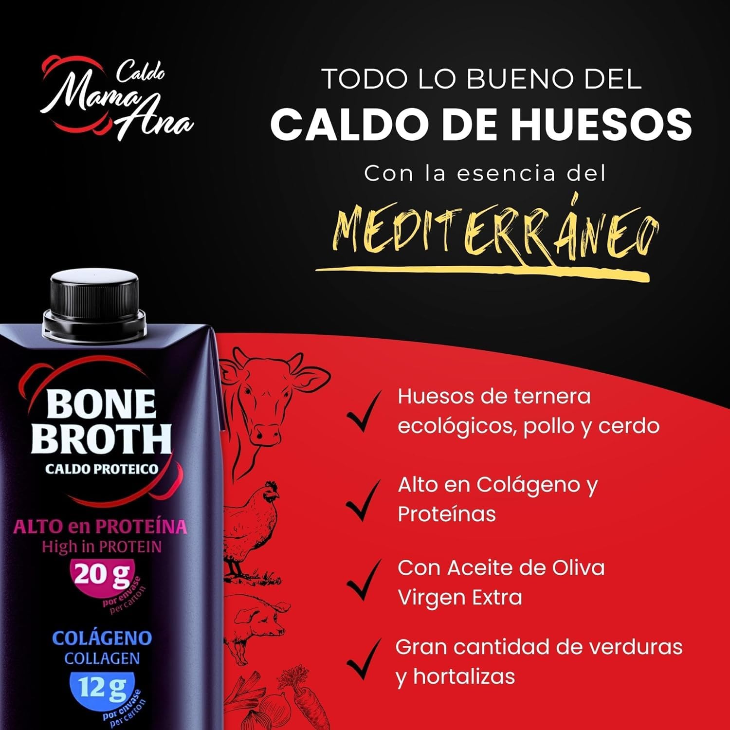 Caldo de Huesos Mama Ana Premium 10x500 ml Bone Broth 100% Natural Rico en Colágeno 12g Proteína 20g Triple Cocción