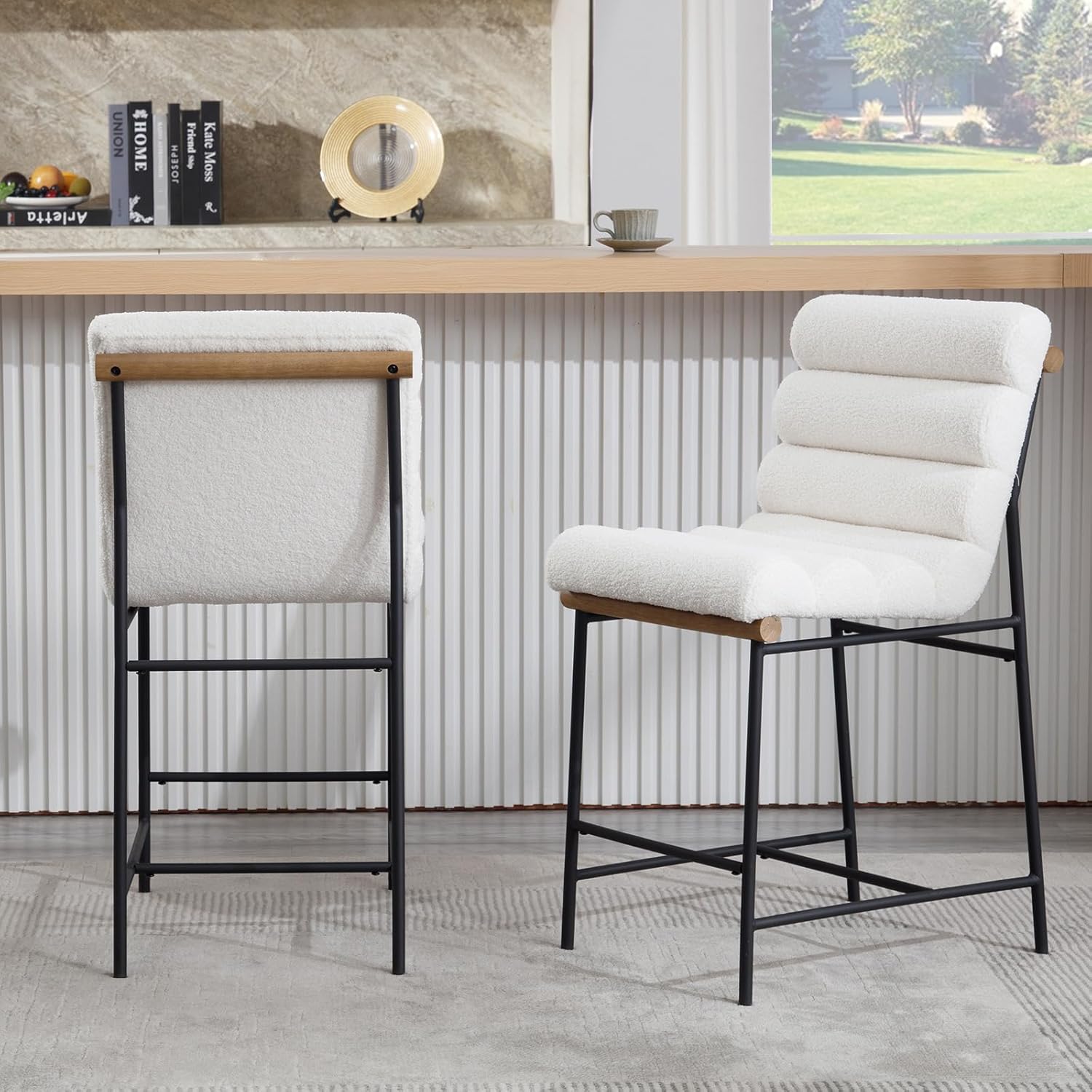 White Boucle Bar stools Set of 2, 25” Modern Upholstered Counter stools with Black Metal Legs, Sherpa Counter Height Chairs for Kitchen Island Armless Stool with Channel Tufted Back