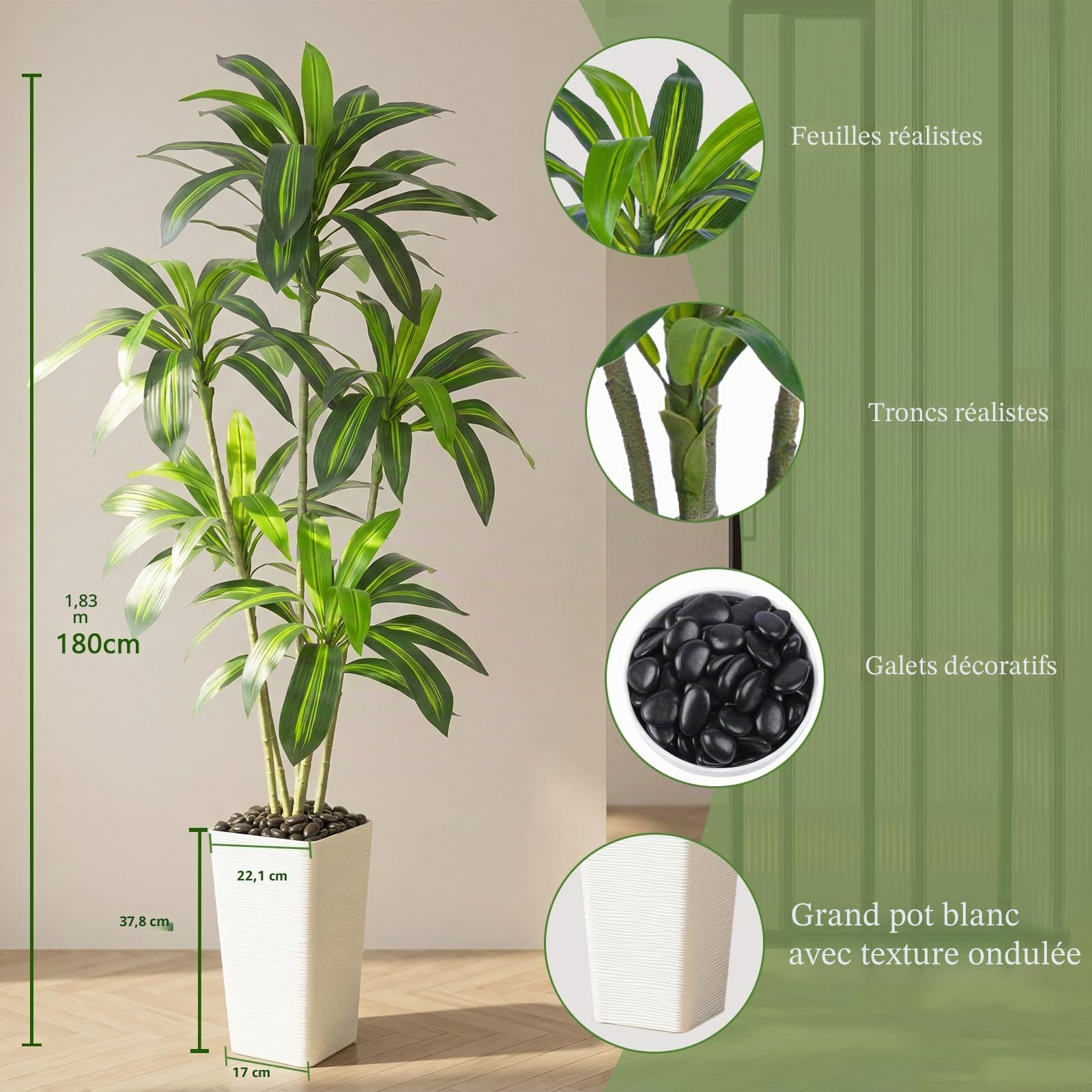 Plante Artificielle Dracaena Intérieur 180cm Arbre Artificiel Dracaena Faux Arbre en Soie avec Jardinière Blanche Faux Tropical Yucca Floor Plant pour Bureau à Domicile Décorati (1, Blanc, 180CM)
