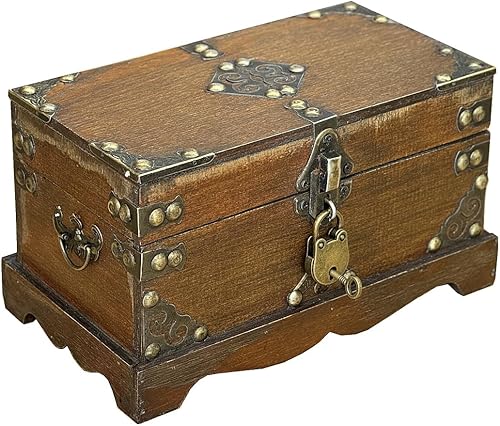 Cofre del tesoro con cerradura, caja de almacenamiento de madera, caja decorativa de almacenamiento con tapas, caja de recuerdo pirata para joyas,