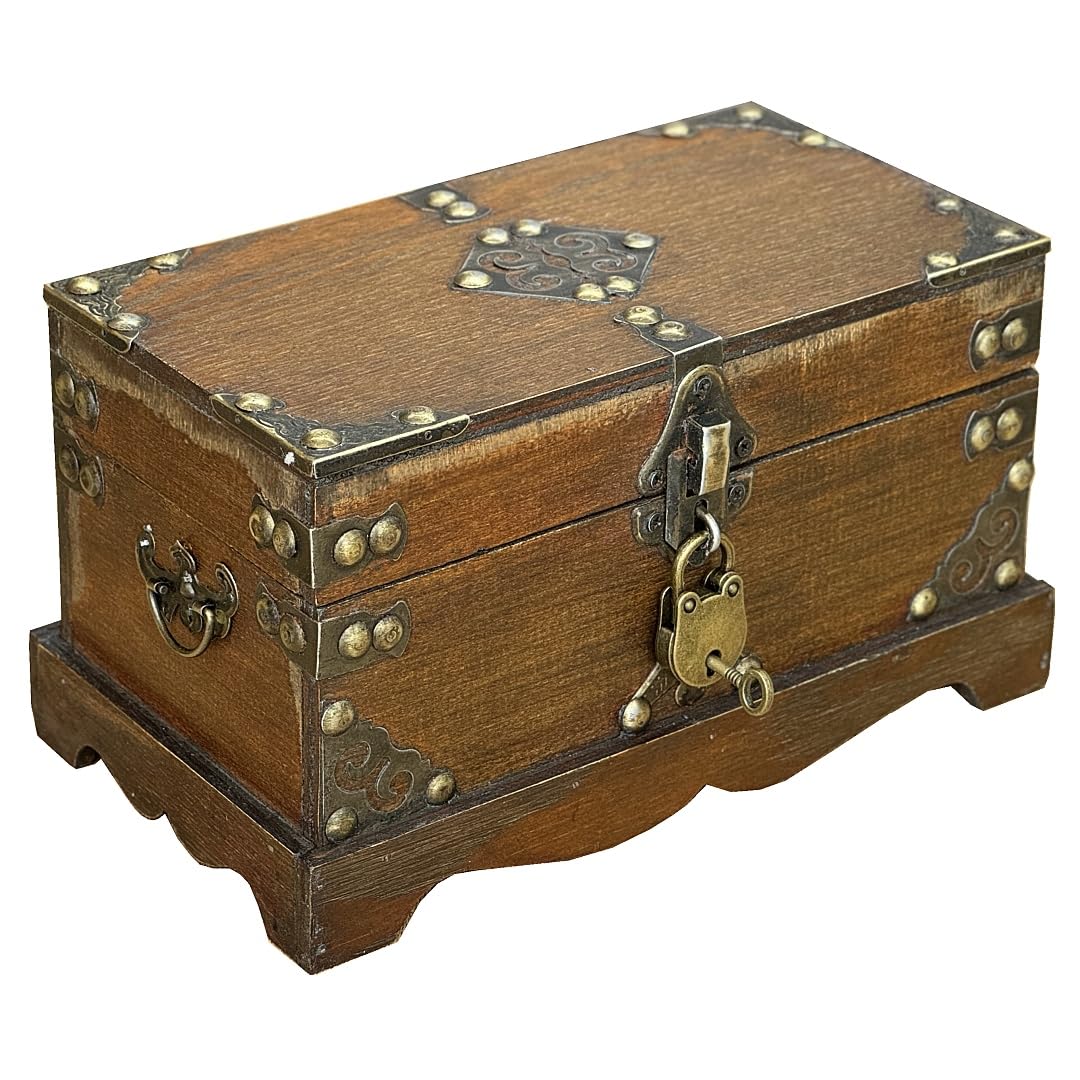 Amedoo Treasure Chest Box With Lock, Wooden Storage Box Decorative Box Decorative Storage Box With Lids, Pirate Keepsake Box for Jewelry Trinkets Kids Gifts