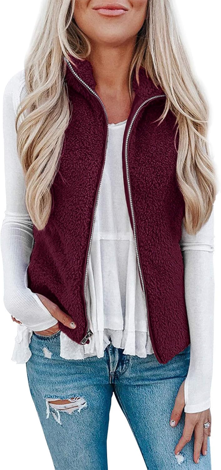 LOMON Womens Fuzzy Sherpa Fleece Jacket Lightweight Vest Cozy Sleeveless Cardigan Zipper Waistcoat Outerwear with Pocket