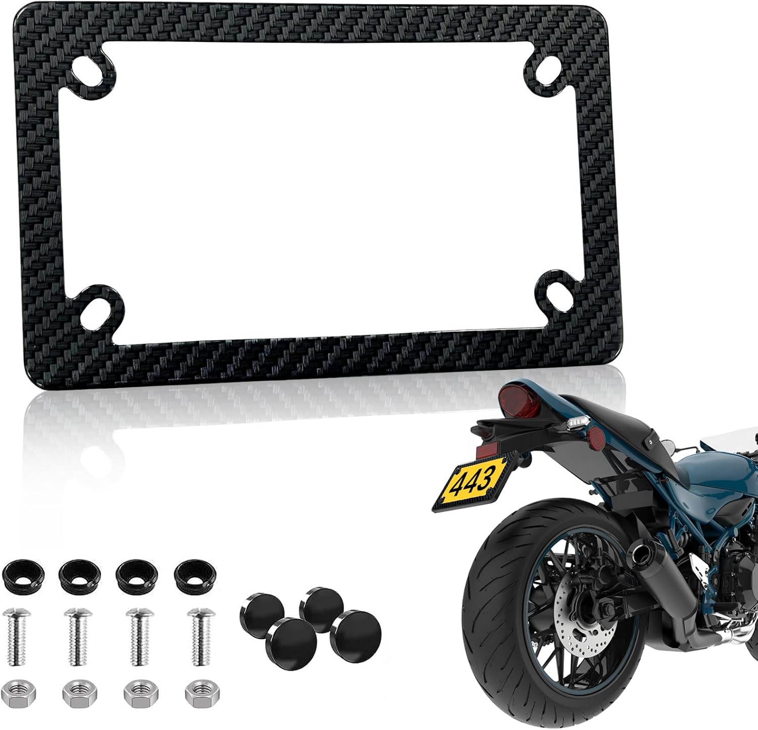 Carbon Fiber Motorcycle License Plate Frame - ATV UTV Scooter Moped Tag Frames Holder, 4 Holes Stainless Steel Rust Proof License Plate Frame for Motorcycle