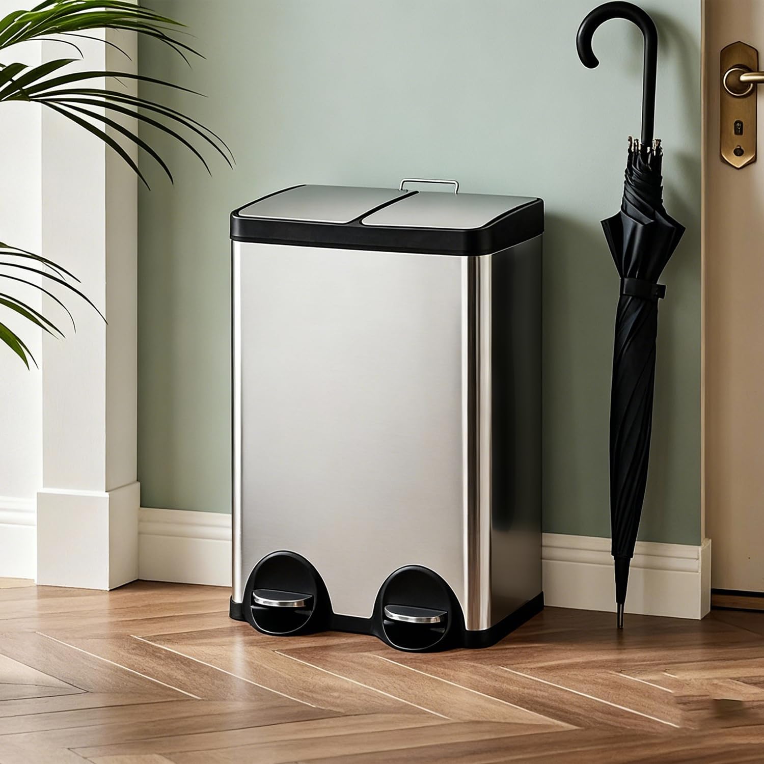 Mülleimer Küche 60l, 2x30L Mülltrennsystem, Tretmülleimer, Silber | Mülleimer 2 Fächer, Edelstahl, Herausnehmbarer Inneneimer,Mülleimer Geruchsdicht, Softclose Deckel, Für Mülltrennung Küche