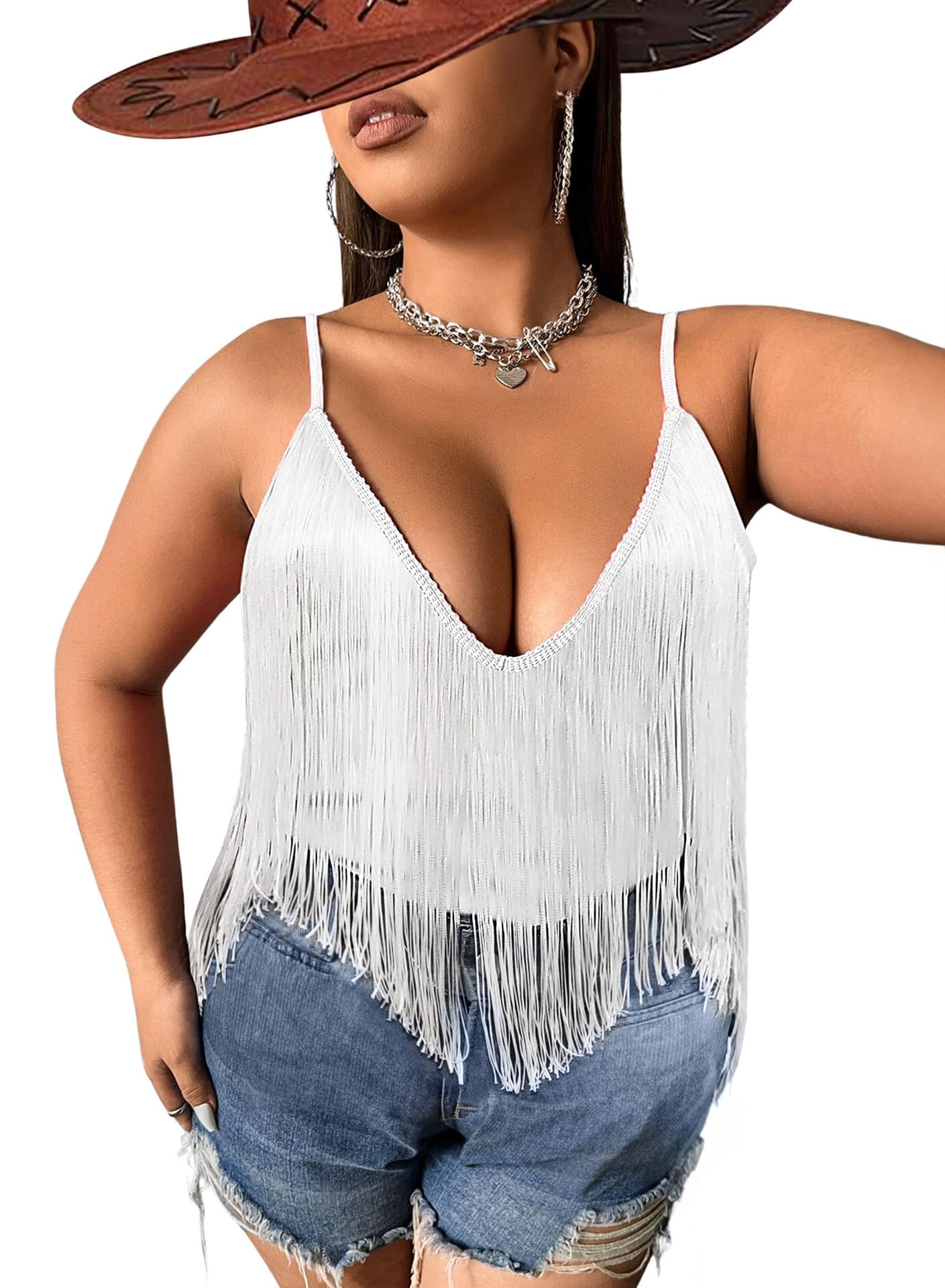 Plus Size Cowgirl Fringe Tops for Women - Western Country Concert Outfit Festival Tank Tassel Boho Rodeo Cami Shirt