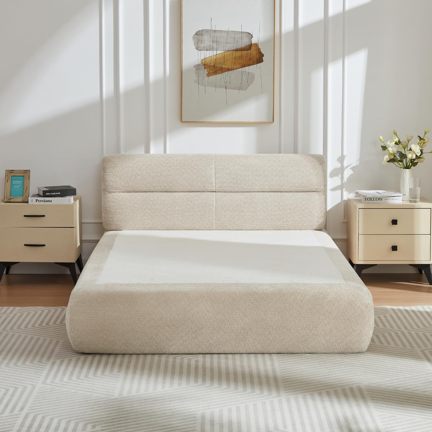 XIAO WEI Full Bed Frame with Headboard, Upholstered Cloud Bed Frame, Anti-Collision Soft Rounded Corners, Boucle Platform Bed, Compressible Chenille Bed for Living Room Apartment, Light Khaki+Beige