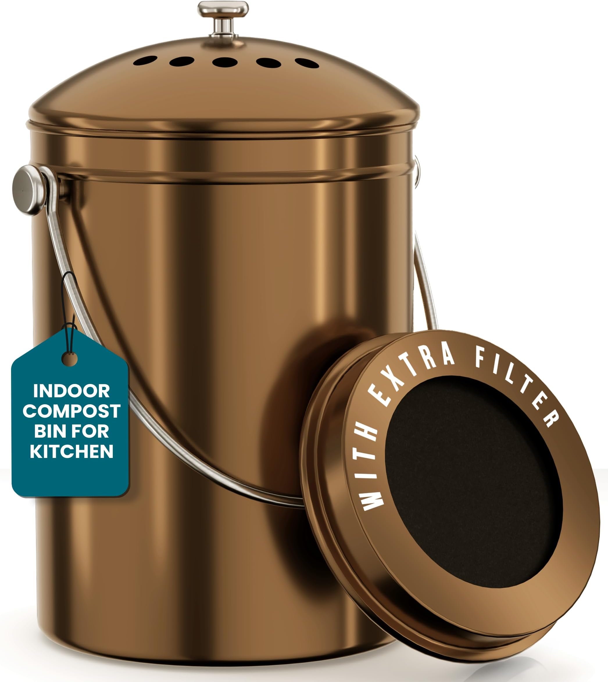 Utopia Kitchen Countertop Compost Bin 1.3 Gallon, Stainless Steel, Bronze