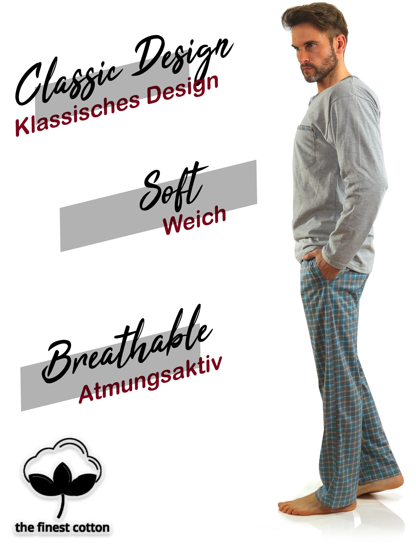Sesto Senso Pijama Hombre Largo Algodon Inverno Clásico 2 Piezas Ropa De Dormir Conjunto Camisa Manga Larga Pantalones Largos
