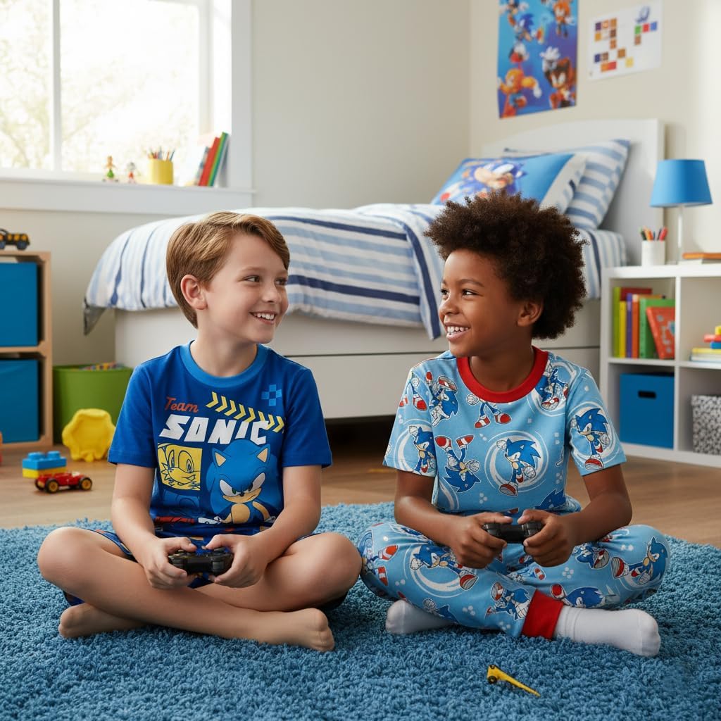 Sonic The Hedgehog 4 Piece Pajama Set - Boys PJs Short Sleeve Shirt, Shorts & Pants - Kids Sleepwear Set - Official License