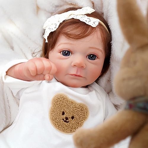 Miniatura 2 de Bebé recién nacido realista y lindo de 17 pulgadas abrió los ojos con ojos brillantes cabello castaño llamada Anne, muñecas realistas que se ven