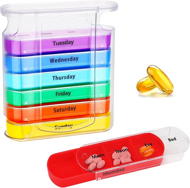 Pill Box 7 Day Pill Organiser 4 Times a Day - Weekly Tablet Box Pill Box Organiser 7 Day with 28 Compartments for Medicines Supplements Vitamin, Portable Medicine Box for Men Women Rainbow
