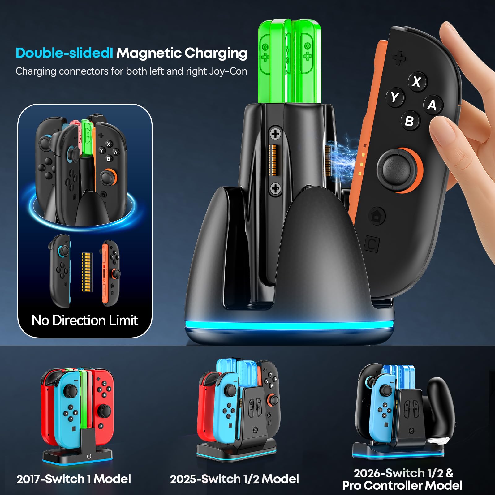 Rysker Station de Charge pour Manettes Switch 2, Chargeur Rapide pour 4 Joy-Con Switch 2, Support de Recharge avec 9 Effets Lumineux RGB et Indicateur LED, Socle de Charge pour Manettes Nintendo 2