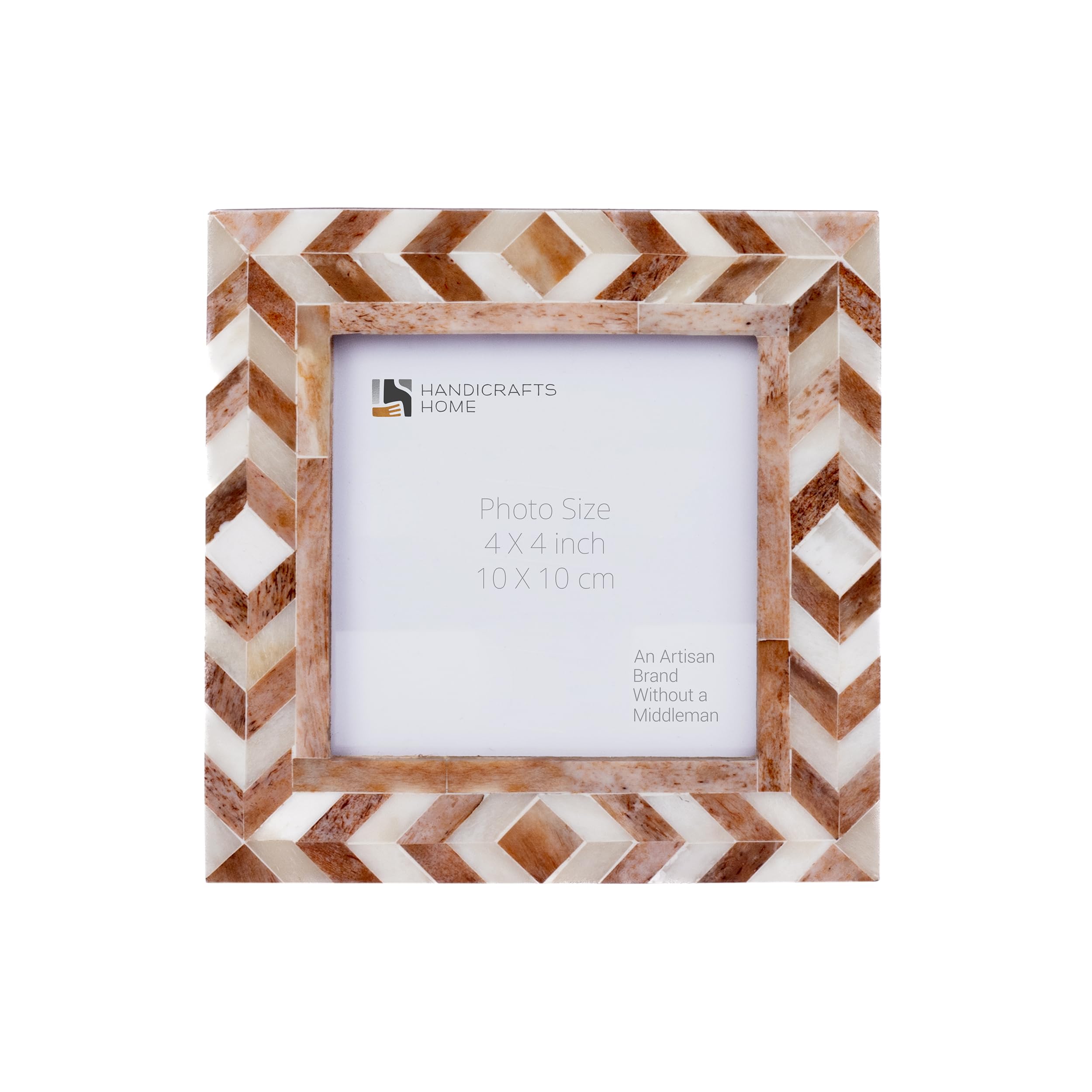 Handicrafts Home Chevron Brown Square 4x4 Picture Frame, Taj Handmade Bone Inlay 4 by 4 Photo Frame for Tabletop & Wall Decor, Holiday Home Decor, Boho Chic Coastal Farmhouse Frame,Desk & Shelf Decor